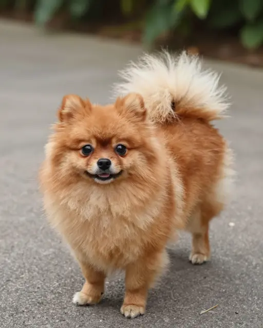 A fluffy orange Pomeranian stands looking at the camera on a paved garden path