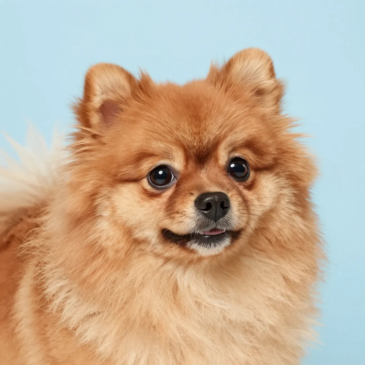 Close-up head portrait of a fluffy orange Pomeranian against a soft powder blue background