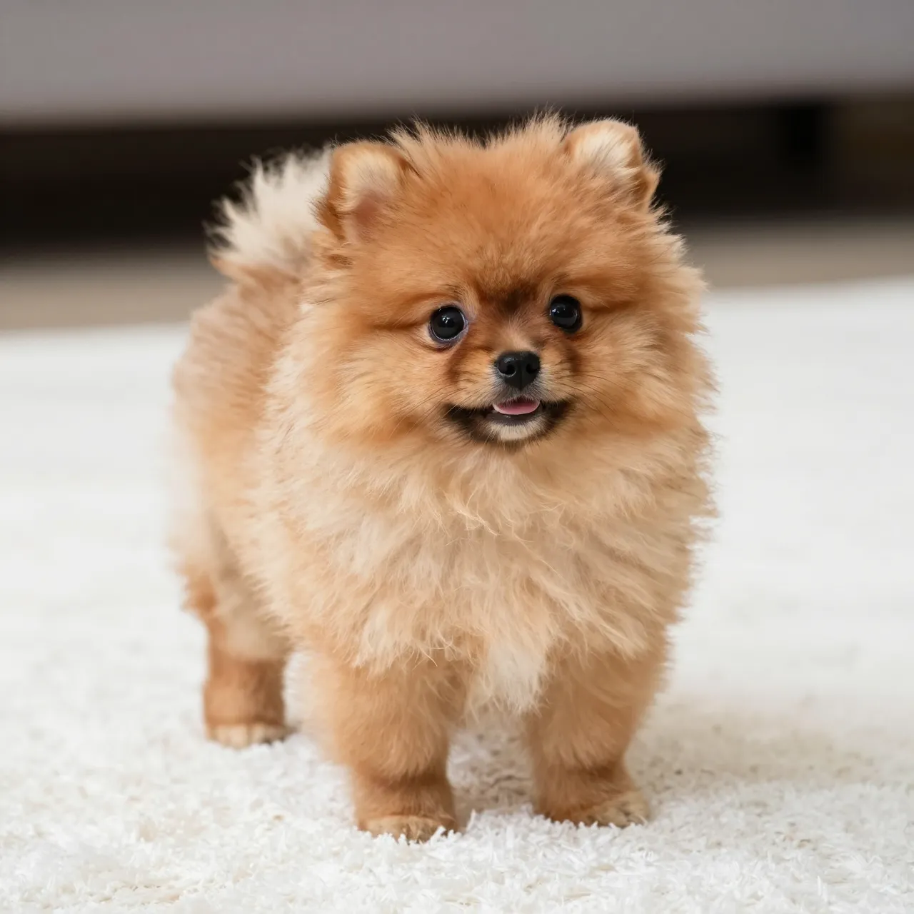 A fluffy orange Pomeranian puppy stands on a soft white shag rug looking toward the camera