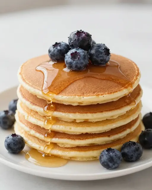 Stack of golden fluffy pancakes topped with fresh blueberries and drizzled maple syrup on a white plate.