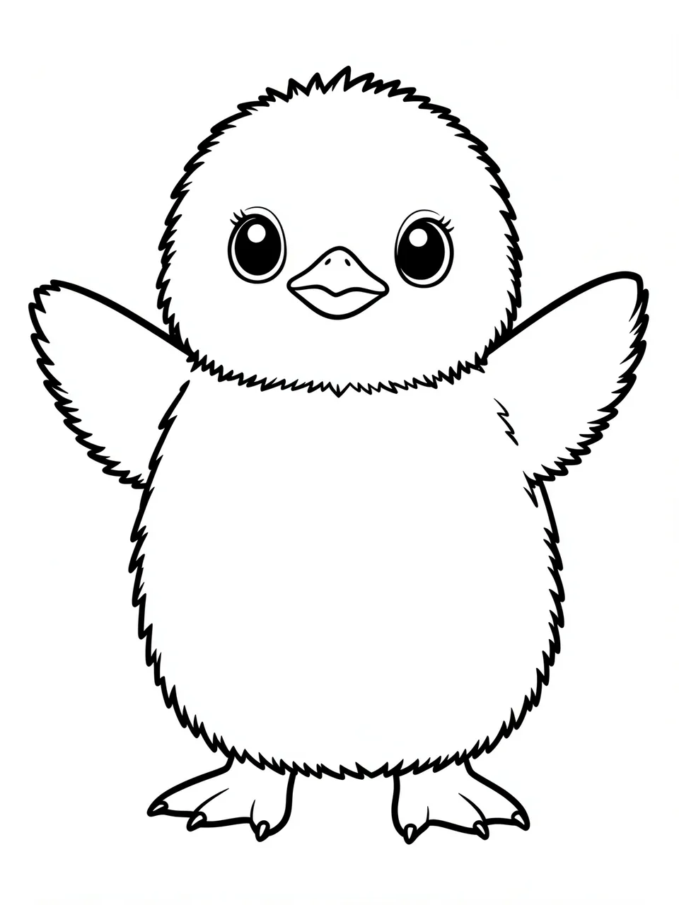 Black and white line art of a fluffy penguin chick with outstretched wings on a plain white background