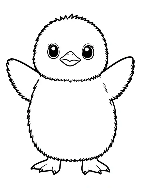 Black and white line art of a fluffy penguin chick with outstretched wings on a plain white background