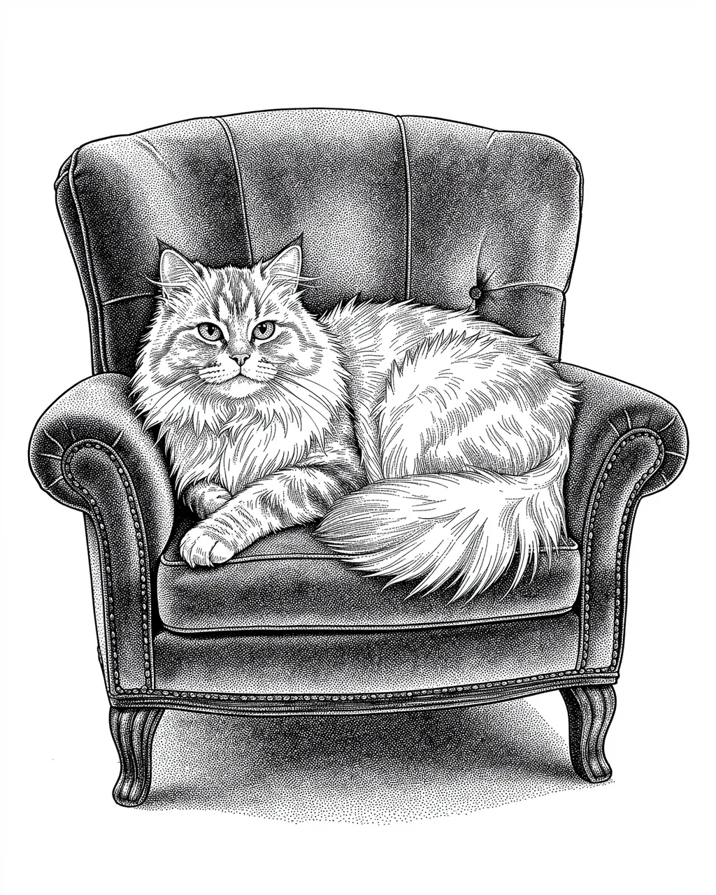 Pen and ink stippled drawing of a fluffy longhair cat lounging on a tufted velvet armchair