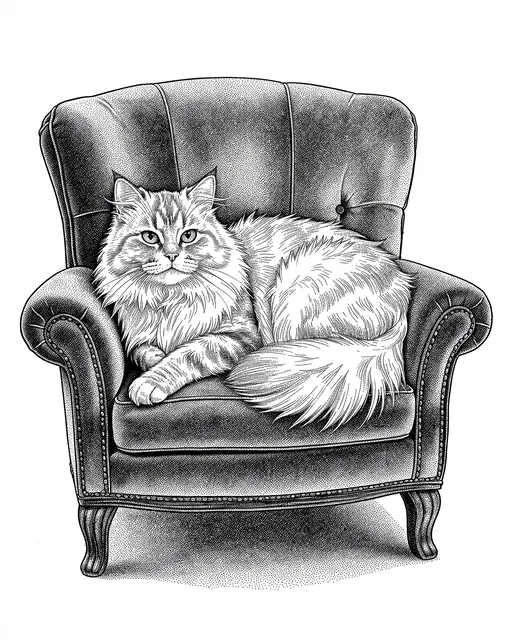 Pen and ink stippled drawing of a fluffy longhair cat lounging on a tufted velvet armchair