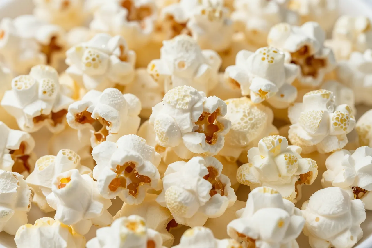 A tight close-up of fluffy popped popcorn kernels filling the entire frame