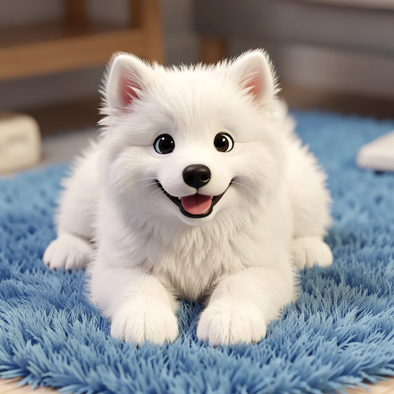 A cute fluffy 3D Samoyed puppy lies smiling on a soft shaggy blue rug.