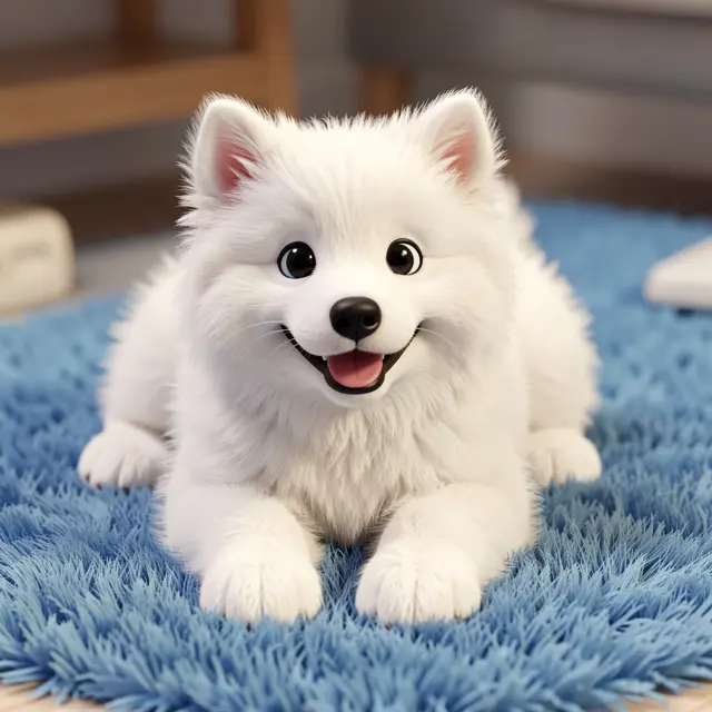 A cute fluffy 3D Samoyed puppy lies smiling on a soft shaggy blue rug.