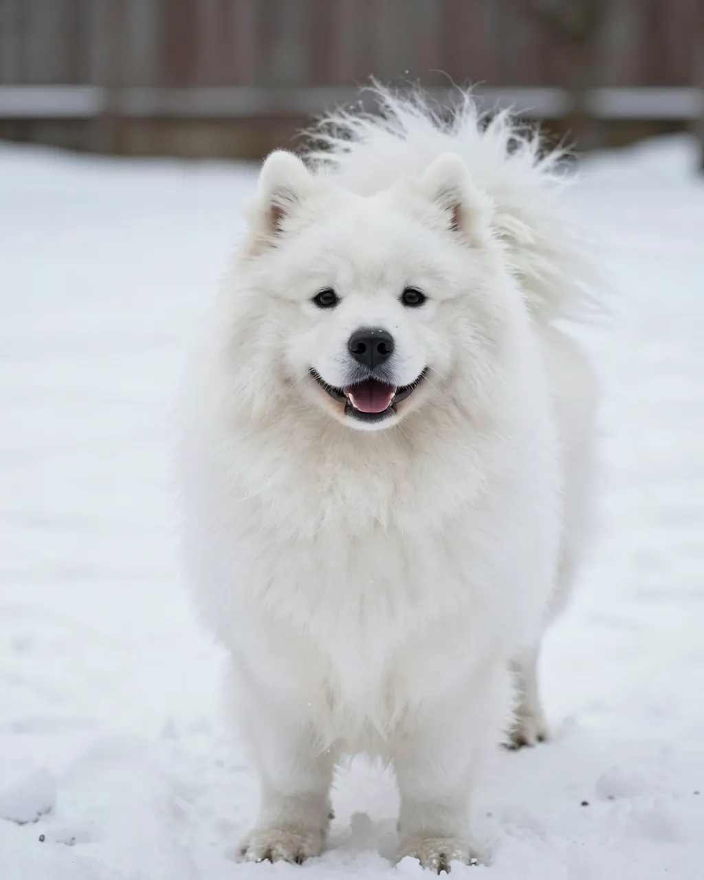 A fluffy white samoyed dog stands smiling on a snowy outdoor surface