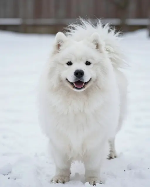 A fluffy white samoyed dog stands smiling on a snowy outdoor surface