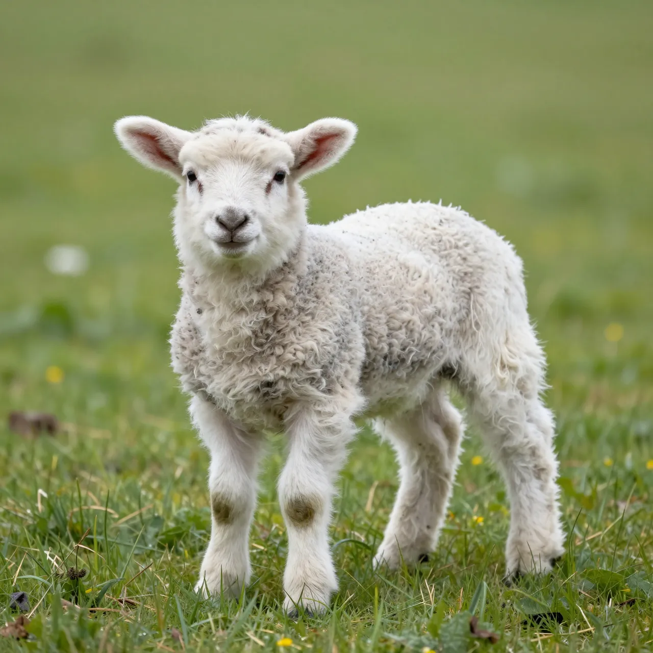 A fluffy white lamb stands facing the camera in lush green spring grass