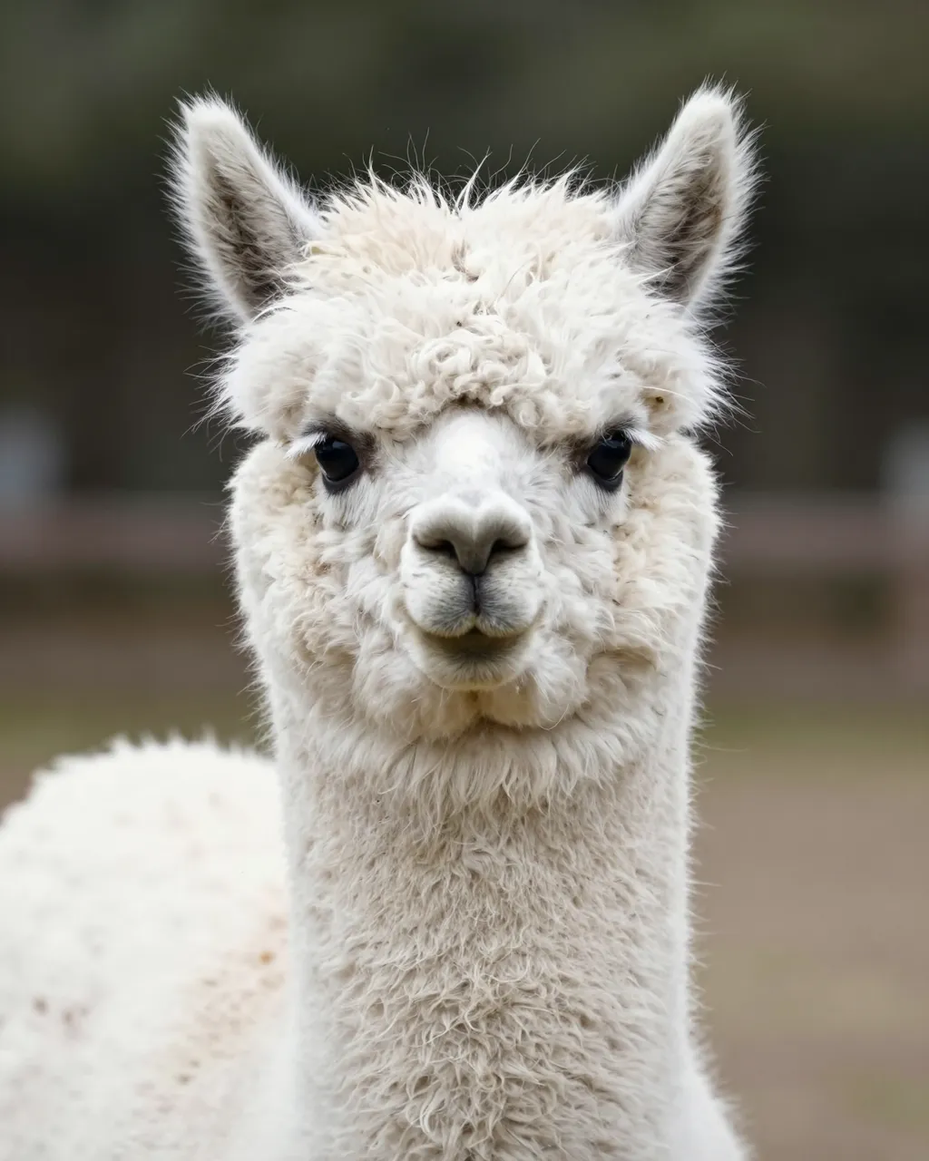 Close-up portrait of a fluffy white alpaca looking directly at the camera with a soft blurred rural background.