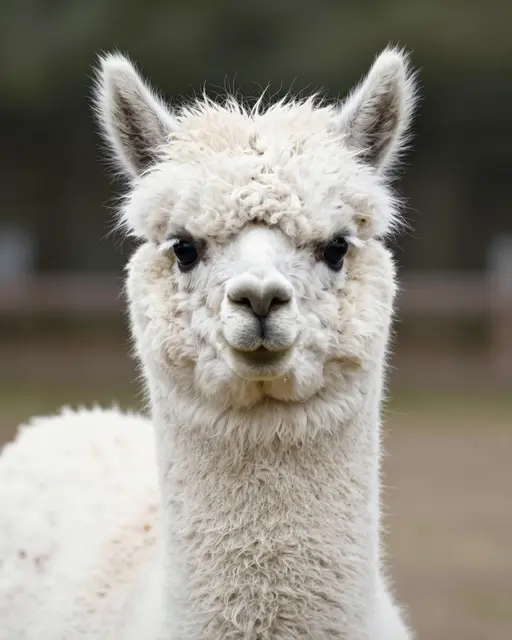 Close-up portrait of a fluffy white alpaca looking directly at the camera with a soft blurred rural background.