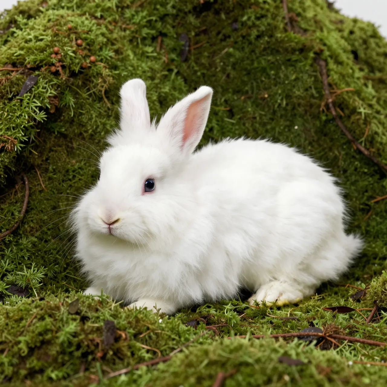 A fluffy white angora rabbit rests calmly on a soft mound of textured green moss
