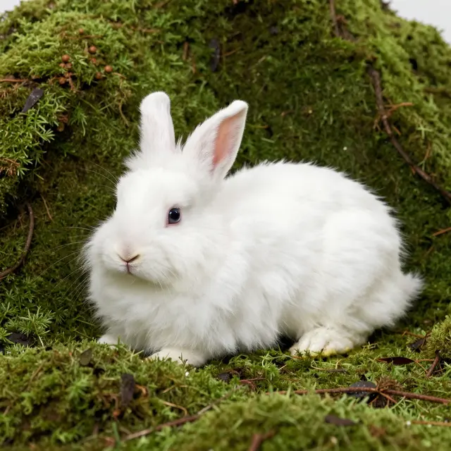 A fluffy white angora rabbit rests calmly on a soft mound of textured green moss