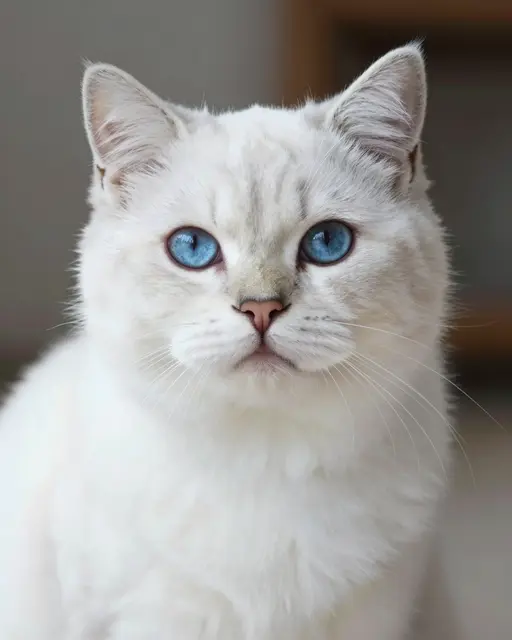 A close-up portrait of a fluffy white domestic cat with bright blue eyes looking directly at the camera