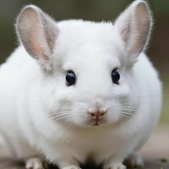 A close-up portrait of a fluffy white chinchilla looking directly at the camera against a blurred background
