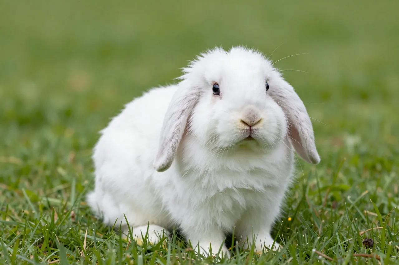 A fluffy white lop-eared rabbit sits calmly in lush green grass facing the camera