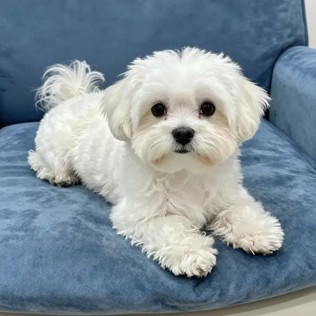 A fluffy white Maltese dog lies calmly on a dusty blue velvet couch facing the camera