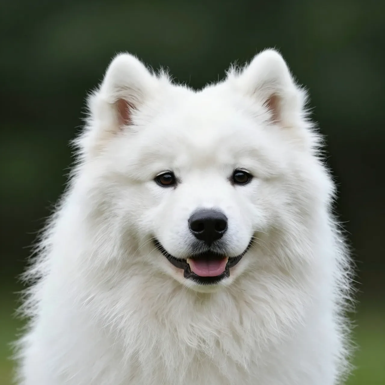 Close-up head portrait of a smiling fluffy white Samoyed dog against a soft dark green blurred background