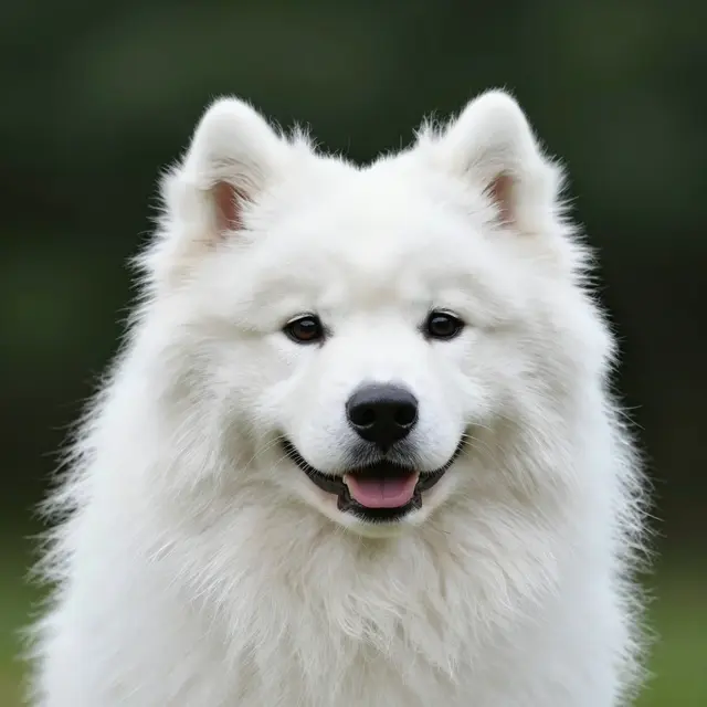 Close-up head portrait of a smiling fluffy white Samoyed dog against a soft dark green blurred background