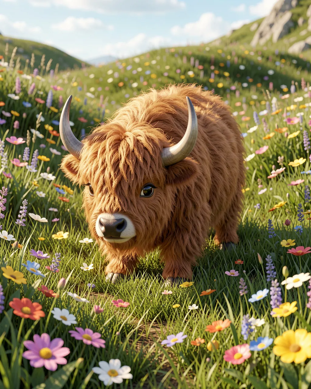 Cute fluffy brown 3D yak stands in a sunlit high alpine meadow full of colorful wildflowers.