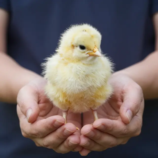 A soft fluffy yellow baby chick stands gently in the cupped palms of adult hands.