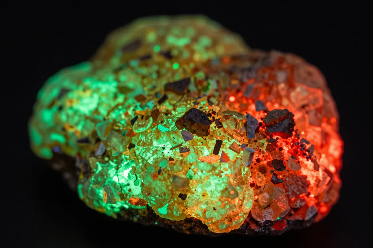 A close-up of a mineral specimen glowing bright green and red under ultraviolet light against a solid black background