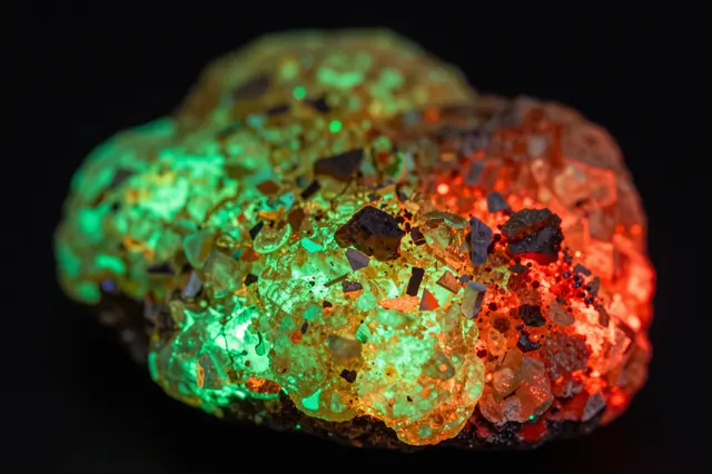 A close-up of a mineral specimen glowing bright green and red under ultraviolet light against a solid black background