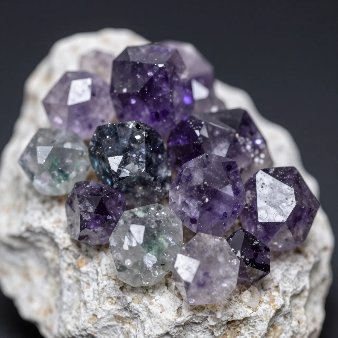 Macro shot of faceted translucent purple and green fluorite crystals clustered on rough white rock against a dark background