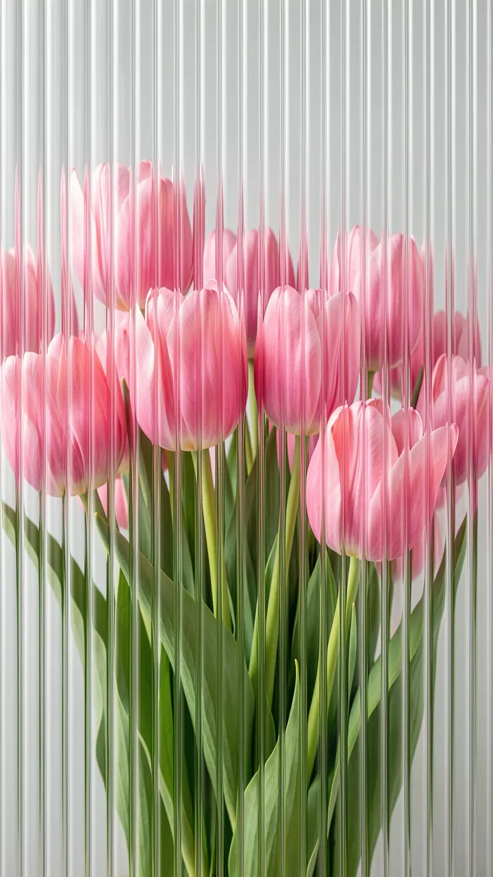 Bouquet of soft pink tulips viewed through vertical fluted glass, creating a gentle distorted effect