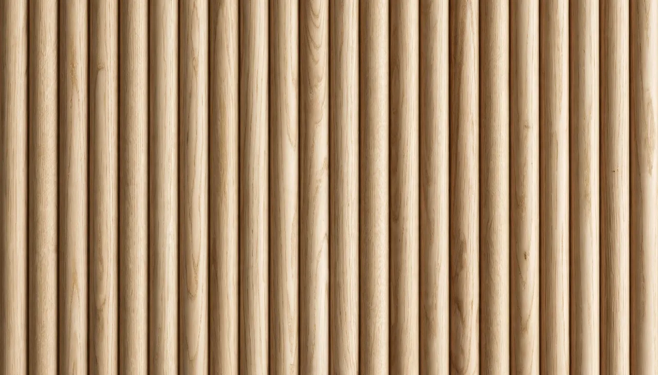 Full frame close-up of pale oiled fluted oak panelling with vertical rounded grooves and even soft lighting