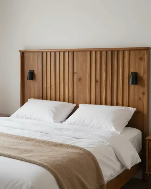 Minimalist primary bedroom with fluted wood headboard, white bedding and tan throw blanket