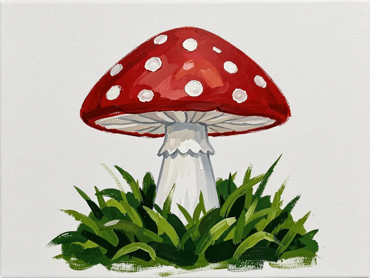 Bold acrylic painting of a red spotted fly agaric mushroom growing from green grass on plain canvas