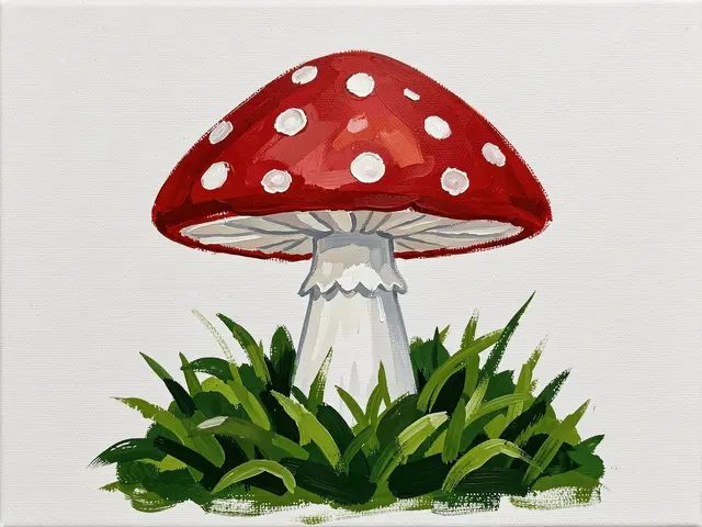 Bold acrylic painting of a red spotted fly agaric mushroom growing from green grass on plain canvas