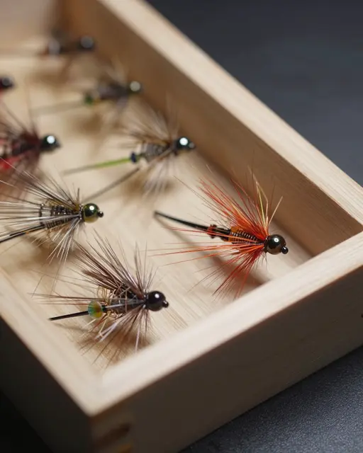 Close-up of colorful hand-tied fly fishing lures arranged inside a small light wooden storage box.