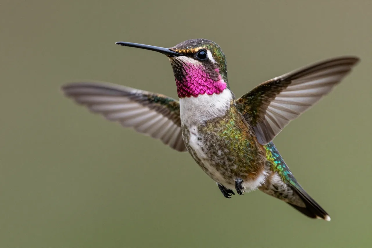 Close-up of an Anna's hummingbird hovering mid-flight with spread wings and a bright pink throat.