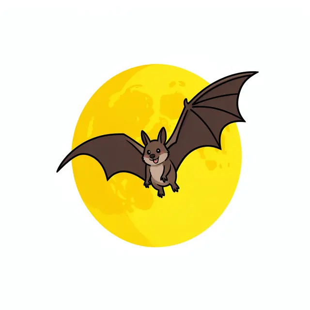 Cute cartoon flying bat appears in front of a large full yellow moon on a plain white background