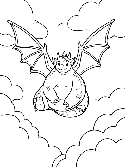 Bold black line art of a friendly chubby dragon flying among fluffy cartoon clouds