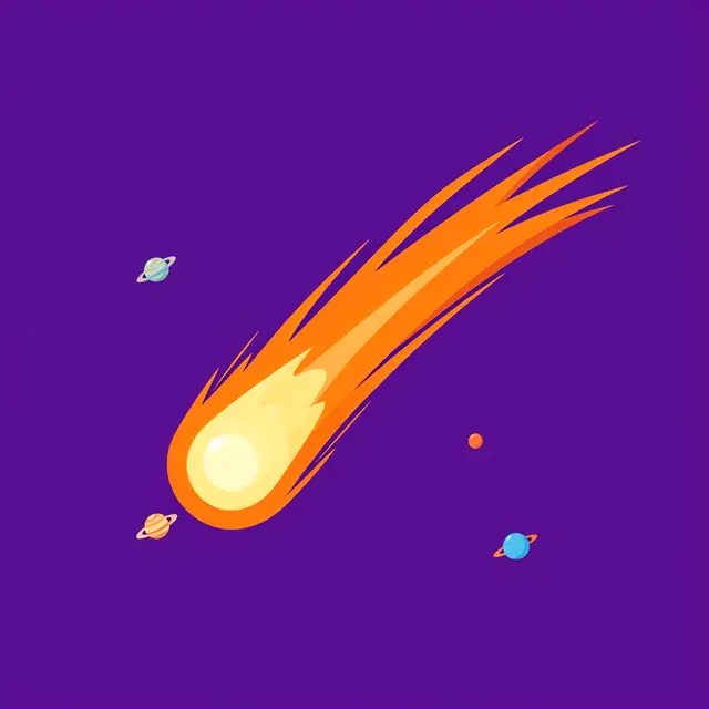 A glowing comet with a curved orange tail streaks past small colorful planets on a deep purple space background