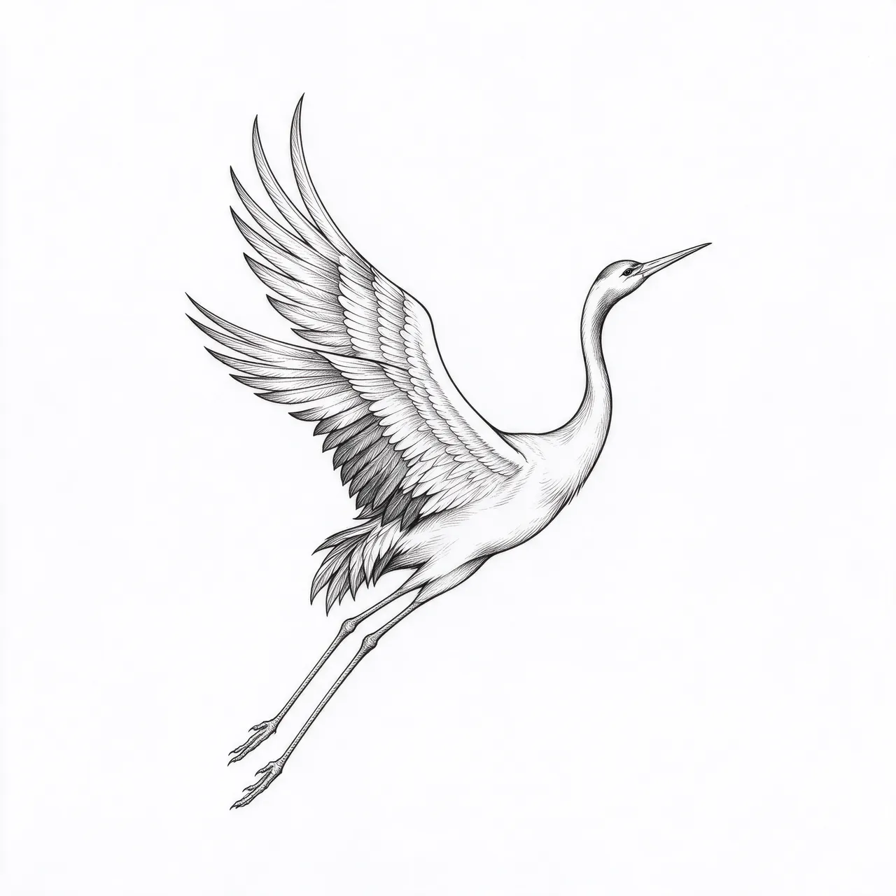 A detailed black fine line illustration of a crane in flight on plain white background