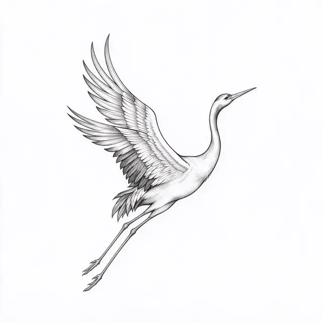 A detailed black fine line illustration of a crane in flight on plain white background