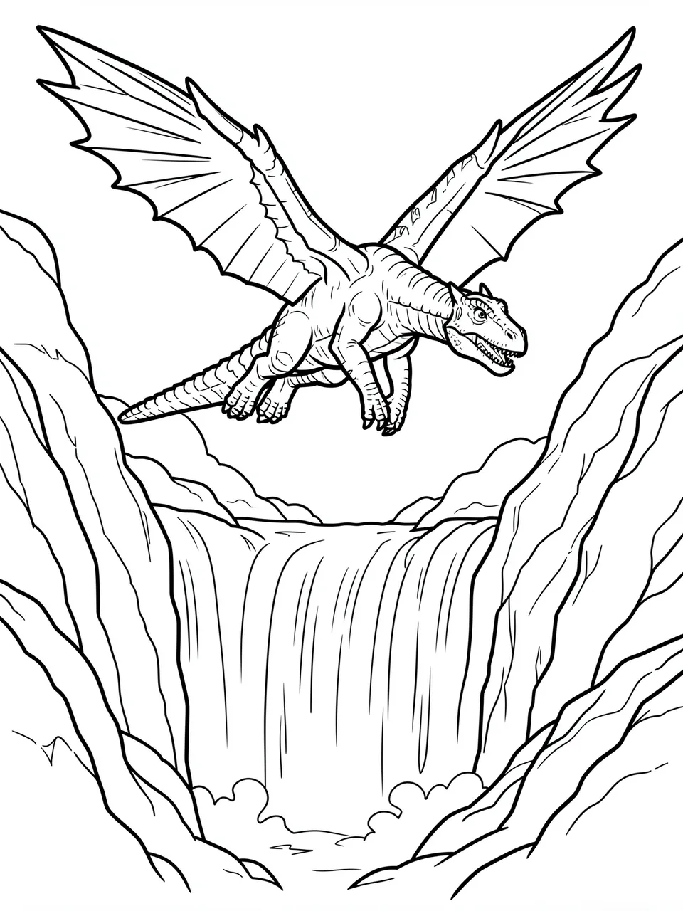 Black and white line art coloring page of a winged prehistoric creature soaring over a rocky waterfall