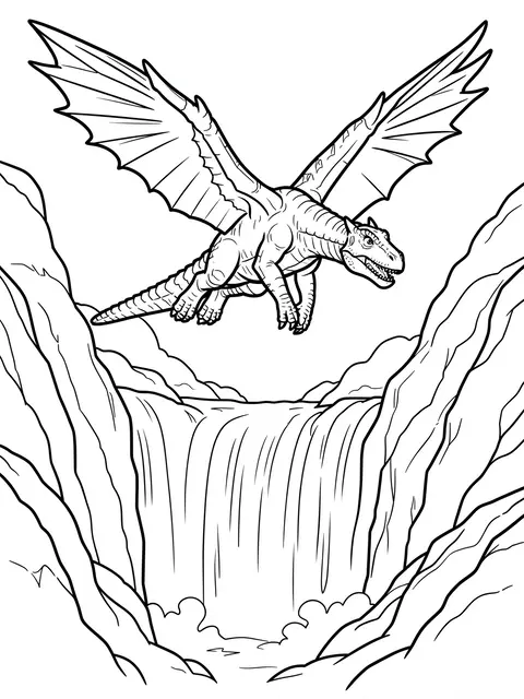 Black and white line art coloring page of a winged prehistoric creature soaring over a rocky waterfall