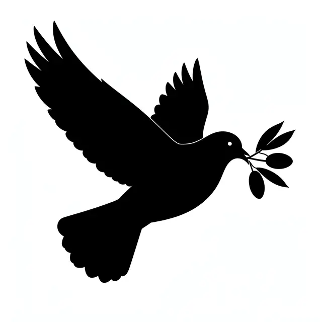 Solid black silhouette of a flying dove holding an olive branch against a plain white background
