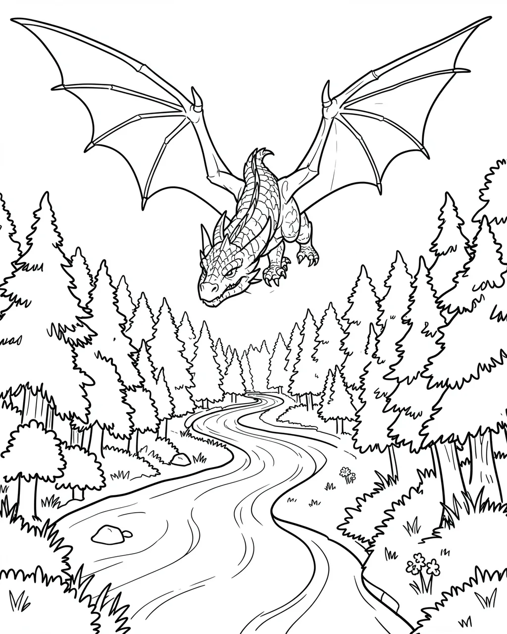 Black and white line art coloring page of a winged dragon flying above a winding river through a pine forest