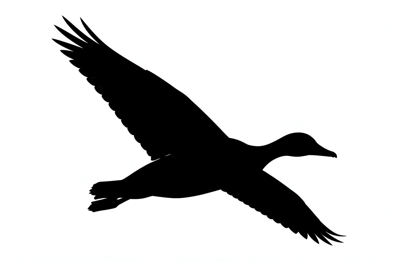 Solid black silhouette of a flying duck with an outstretched neck on a plain white background