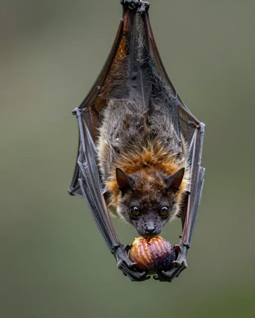 A flying fox fruit bat hangs upside down while holding and eating a ripe fig