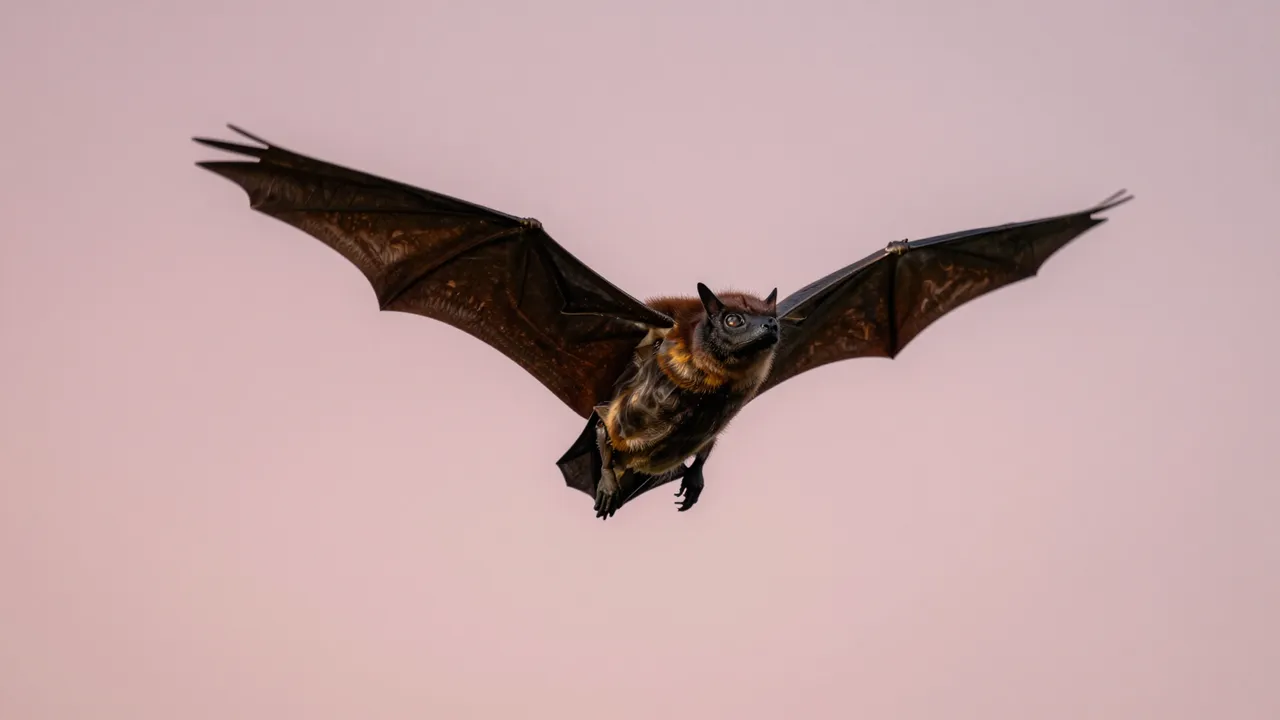 A flying fox with spread leathery wings flies against a soft pink dusk sky