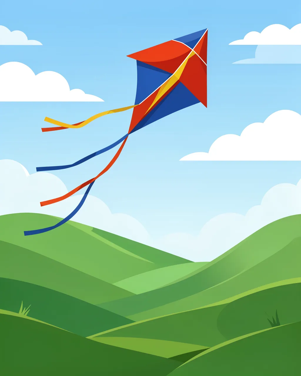 A colorful red, blue and yellow kite with flowing tails flies above rolling green hills under a bright cloudy sky
