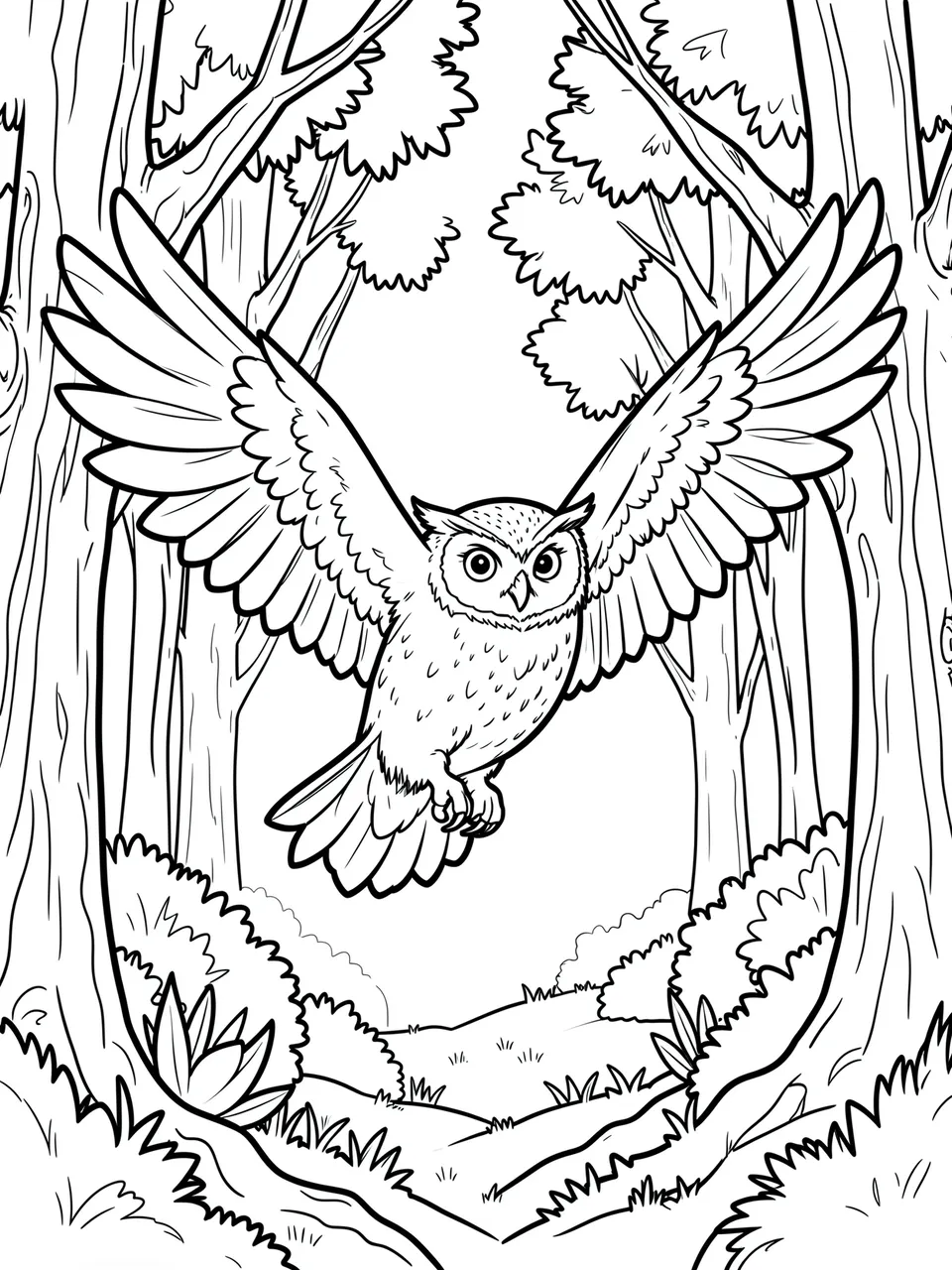 Bold black line art of an owl with spread wings flying through a forest clearing, formatted as a coloring page